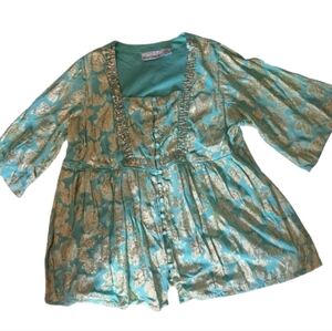Rare Gorgeous Mint Green / Metallic Gold 24/ 7 Denim Floral Boho Blouse SZ 24 W
